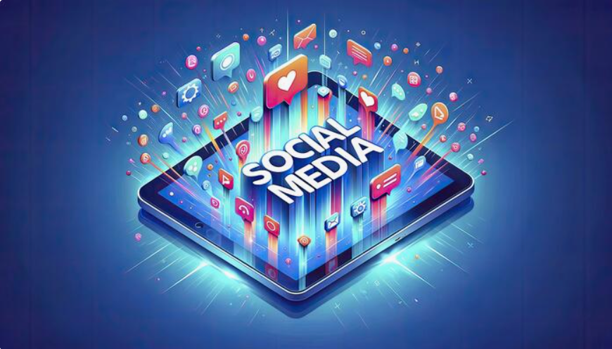 Tablet with colorful beams of light displaying social media icons including Facebook, Instagram, TikTok, and LinkedIn, symbolizing digital marketing.